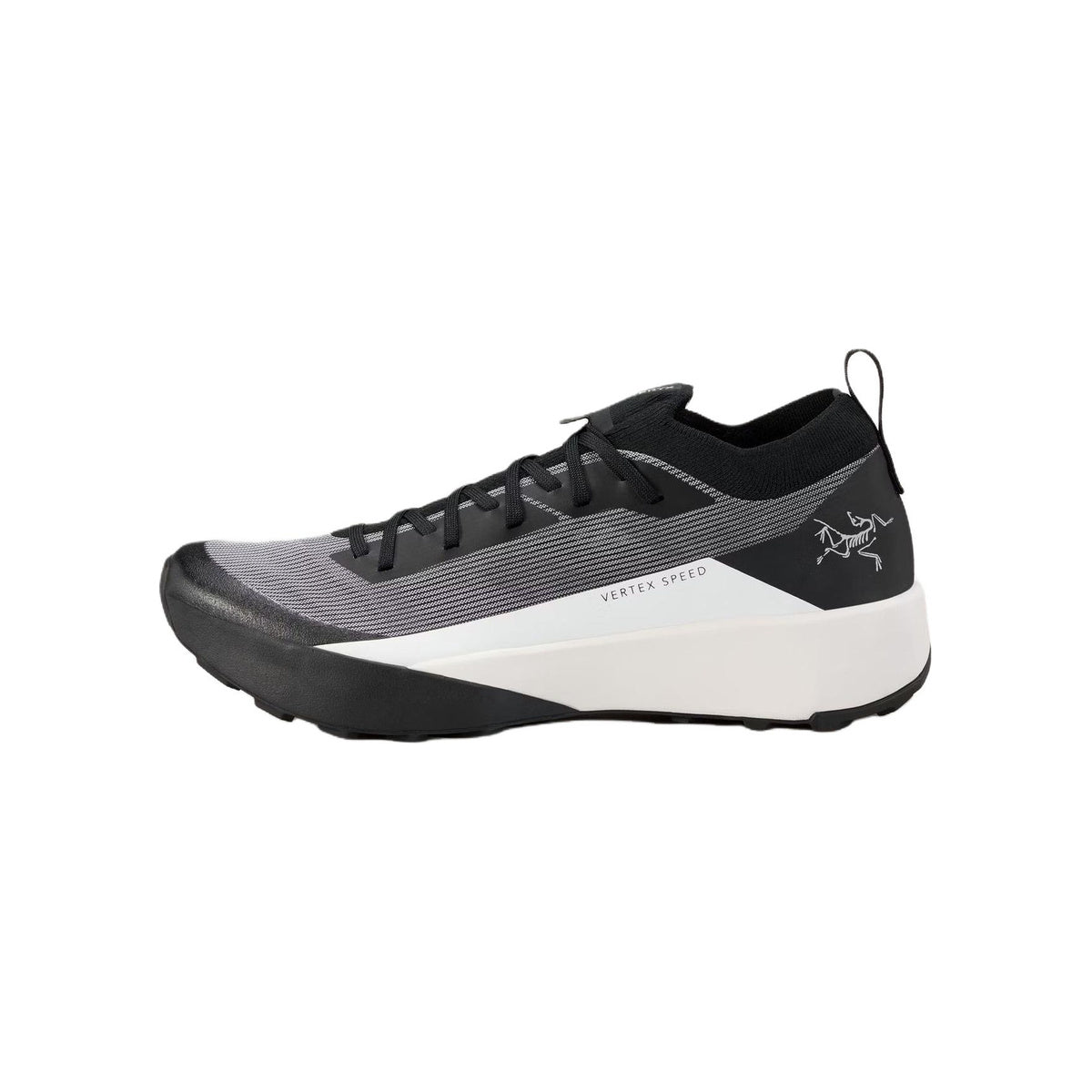 Arc'teryx Vertex Speed Low Men's Trail Running Shoes – Black/Grey/White (Stripe Knit Upper / White Midsole)